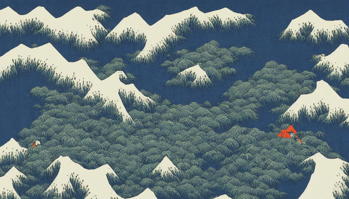 Prompt: lone backpacker on mountain ridgeline, minimalist line art by hokusai, clean long lines, ultra detailed