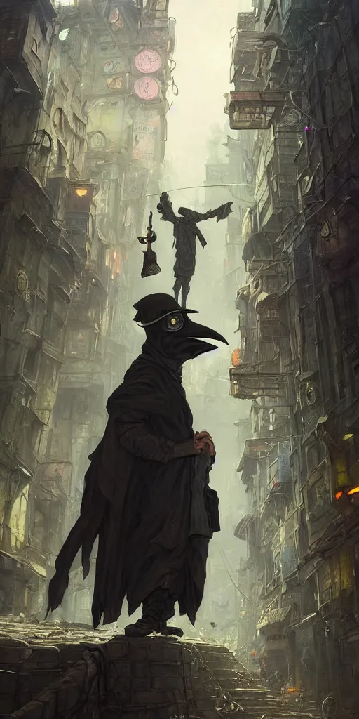 Image similar to a plague doctor and a humanoid rat in a sewer city, stephen bliss, unreal engine, fantasy art by greg rutkowski, loish, rhads, ferdinand knab, makoto shinkai and lois van baarle, ilya kuvshinov, rossdraws, tom bagshaw, alphonse mucha, global illumination, radiant light, detailed and intricate environment