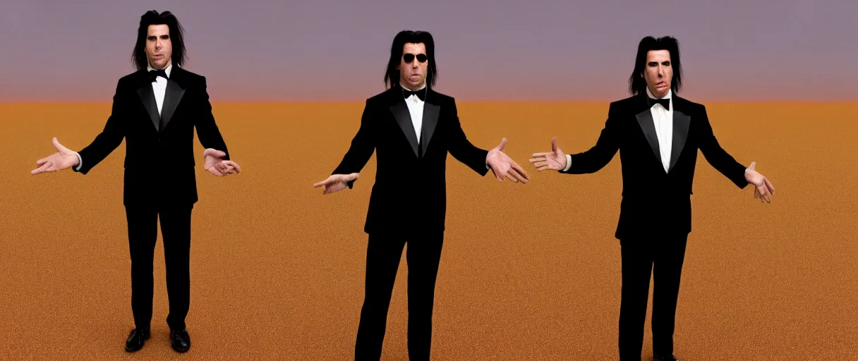 Image similar to accidentally wes anderson award - john travolta as vincent vega suprised gesture nobody there ghost town tumbleweed bushes on ground shrugging hand at waist level. standing in black suit golden ratio, fibonacci composition, 4 k, detailed, art by greg rutkowsky, trending on artstation, cinematic lighting, filmic grain, golden hour, detailed, 4 k