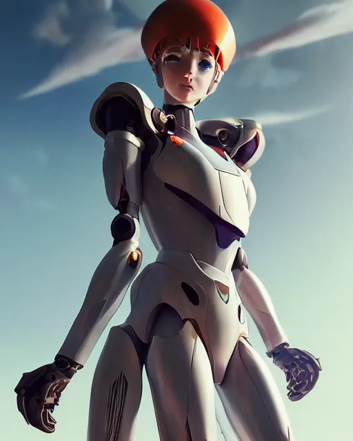 Image similar to beautiful delicate imaginative streamlined mecha neon genesis evangelion elegant futuristic close up portrait of a pilot female sitting with elegant deadly looks, armor with gold linings by ruan jia, tom bagshaw, alphonse mucha, futuristic buildings in the background, epic sky, vray render, artstation, deviantart, pinterest, 5 0 0 px models