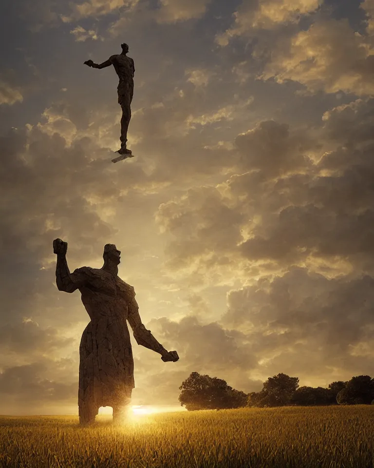 Image similar to wide shot of a tall and thin rocky geometric statue hovering vertically ten feet above a cornfield, late afternoon, golden hour, dramatic lighting, cinematic, highly detailed, smooth, sharp focus, concept art by greg rutkowski and marc simonetti