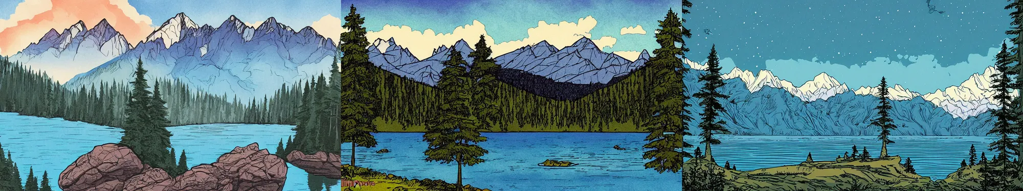 Prompt: mountains, trees, and lake, by tim doyle