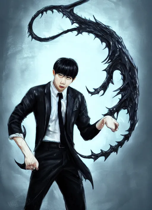 Image similar to a highly detailed illustration of attractive korean man with bowl cut black hair wearing shirt and tie with foggy giant black mist claws, wielding giant black mist claws pose, tired expression, black mist surrounding background, intricate, elegant, highly detailed, centered, digital painting, artstation, concept art, smooth, sharp focus, league of legends concept art, wlop.