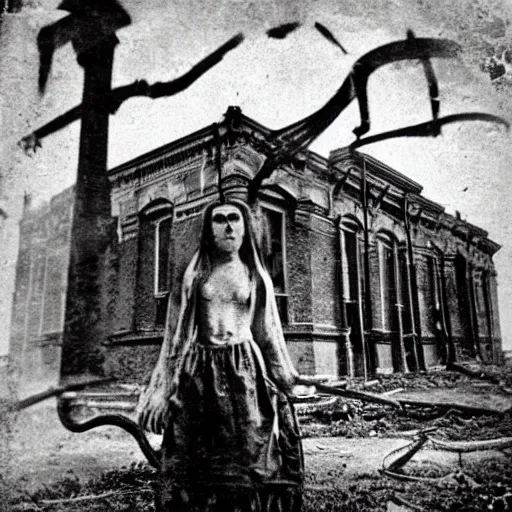 Image similar to 1860 photo of an ancient demon-girl devouring his own soul on an abandoned hospital, spooky