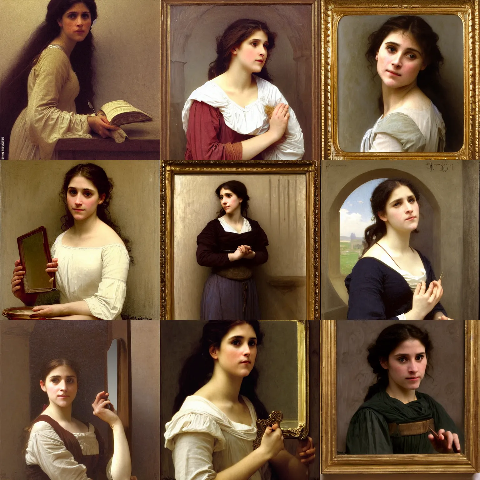Prompt: portrait by william adolphe bouguereau of pam beesly in medieval clothes looking at her reflection in the mirror , surprised expression, pulling her clothes with her hands, detailed face