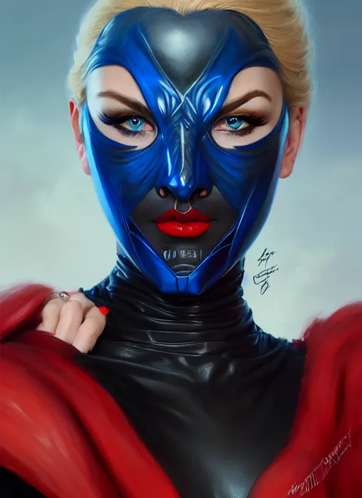 Prompt: portrait of a confident and mature looking northern blond lady in black leather mask, beautiful blue eyes and red lips, art by artgerm and greg rutkowski and magali villeneuve, highly detailed, digital painting, trending on artstation, concept art, sharp focus, illustration