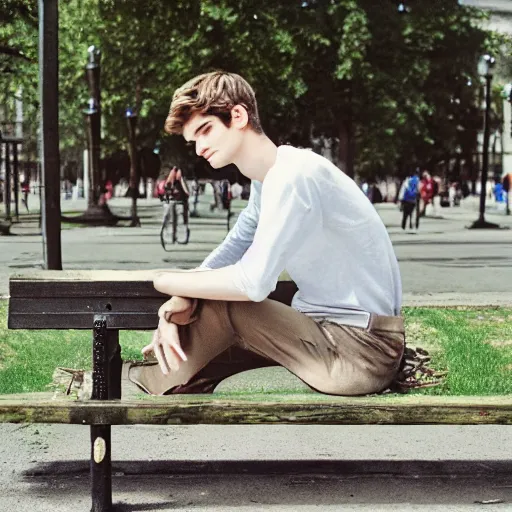 Image similar to photo of sad teenage andrew garfield sitting on a bench in a park, two sticks near bench, wearing shirt and trousers, street of moscow, shallow depth of field, cinematic, 8 0 mm, f 1. 8