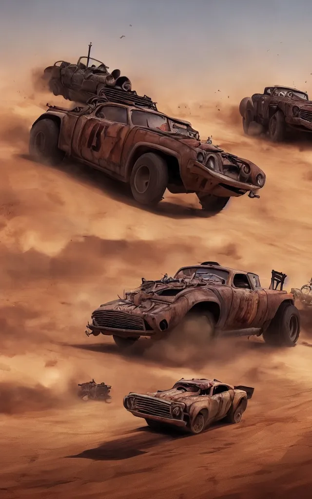 Image similar to pixar cars racing fast in the world of mad max fury road. 8 k hdr. trending on artstation