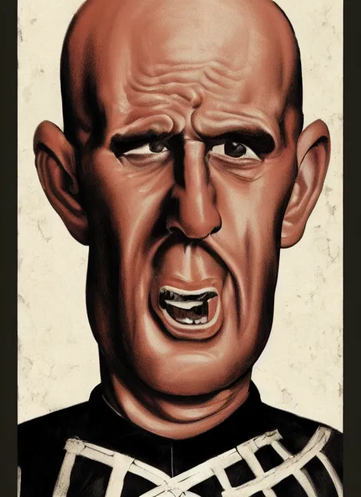 Image similar to portrait of glamorous bald medieval man with big nose and annoyed gesture,look of hate, threatening pose, 1940s propaganda poster, full hd,highly detailed