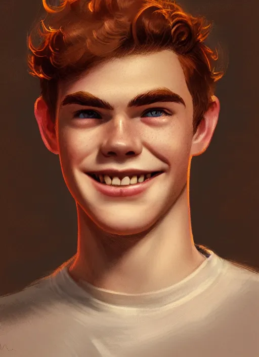 Image similar to portrait of teenage archie andrews, freckles, curly middle part haircut, curly hair, smiling kindly, friendly, 1 9 5 0 s, intricate, elegant, glowing lights, highly detailed, digital painting, artstation, concept art, smooth, sharp focus, illustration, art by wlop, mars ravelo and greg rutkowski