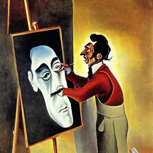 Prompt: salvador dali painting a selfportrait, in the style of salvador dali