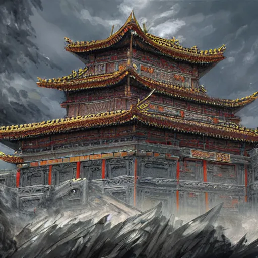 Image similar to dynamic composition, motion, ultra-detailed, incredibly detailed, a lot of details, amazing fine details and brush strokes, colorful and grayish palette, smooth, HD semirealistic anime CG concept art digital painting, watercolor oil painting of epic castle gate, from Three Kingdoms, by a Chinese artist at ArtStation, by Huang Guangjian, Fenghua Zhong, Ruan Jia, Xin Jin and Wei Chang. Realistic artwork of a Chinese videogame, gradients, gentle an harmonic grayish colors.