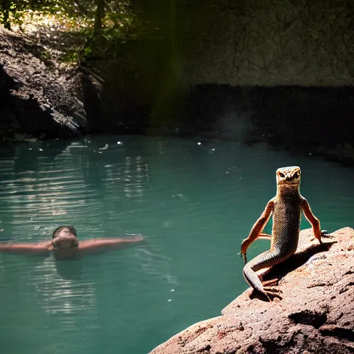 Prompt: lizard human sitting in water, photograph captured at oregon hotsprings