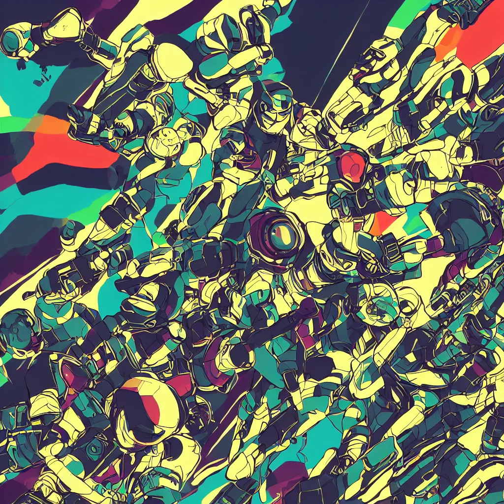 Image similar to people wearing helmets, ryuta ueda artwork, jet set radio artwork, stripes, gloom, space, cel - shaded art style, broken rainbow, data, minimal, speakers, code, cybernetic, dark, eerie, cyber