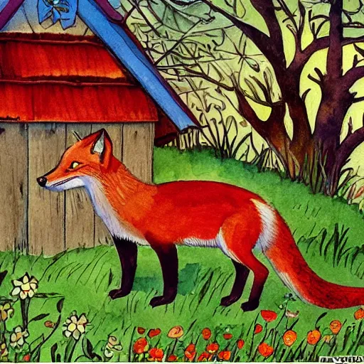 Prompt: a smug red fox in front of a hen house, watercolor illustration by Louis William Wain,