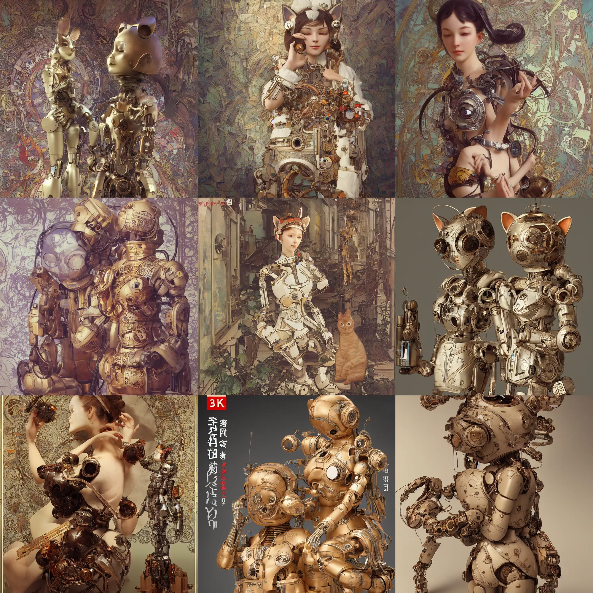 Prompt: 3D 8k octan render photorealistic detailed unreal engine a wooden sculpture art toys wooden on feet very cute robot with cat ears zen méditation cyberpunk concept art a contemporary art gallery art by Alphonse Mucha