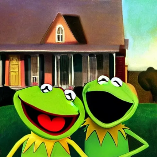 Image similar to kermit and elmo in the style of american gothic by grant wood