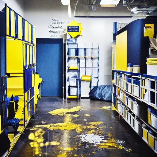 Image similar to ikea Backrooms, sinister, professional photography, weird, spooky, unearthly, dream-like, intricate, decomposition, urgh, strange, blue and yellow