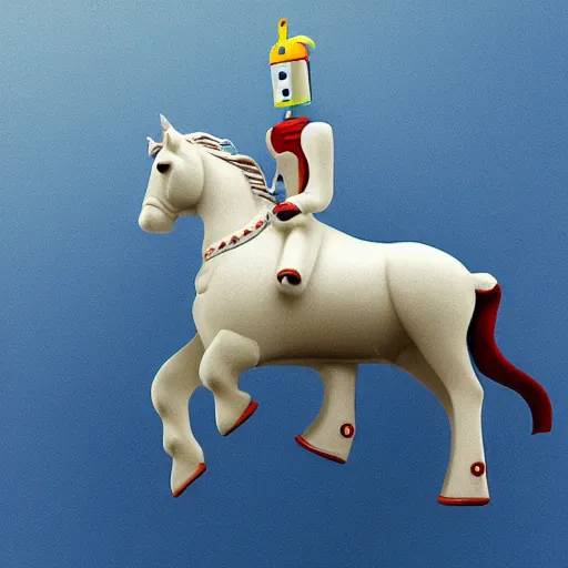 Image similar to A robot is riding a white horse in the blue sky