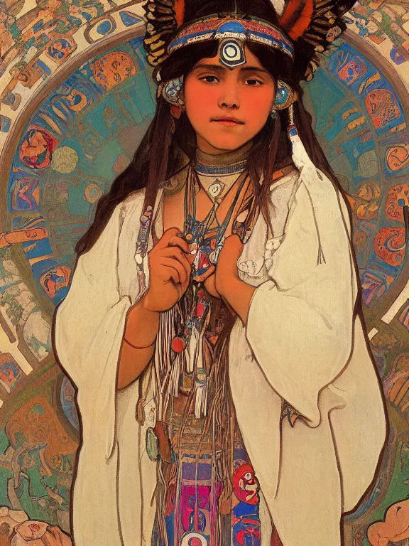 Prompt: an art nouveau painting of a pretty young native mayan woman dressed in a traditional, modest coat of beads and feathers and an elaborate headdress, in front of an aztec calendar, by alphonse mucha and james gurney and john william waterhouse