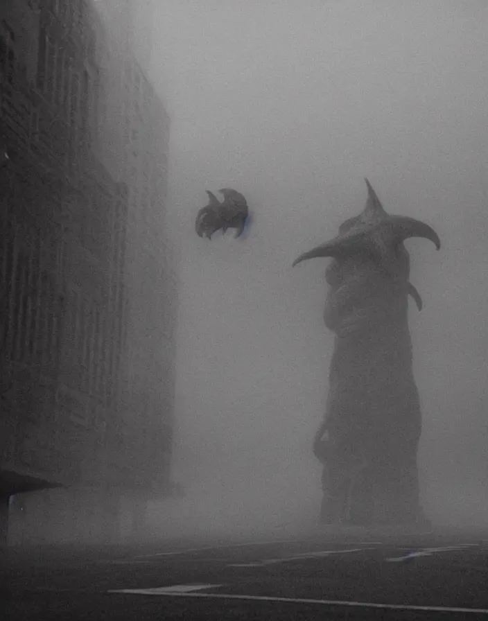 Image similar to very low - resolution found footage of a couple escaping in the city from a starfish kaiju monster, fog, foggy, korean film noir, monochrome, red hue, thriller, underdeveloped, epic, dramatic