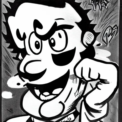 Image similar to a Pop Wonder scary horror themed goofy-hilarious-character MarioWarioWaluigi, dime-store-comic drawn with charcoal and pen and ink, half-tone-line-stacking