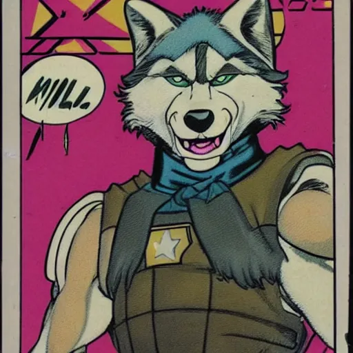 Image similar to 1 9 8 0 s comic book cover scan featuring a portrait of villain male wolf o'donnell anthropomorphic wolf furry fursona from starfox wearing a dark space mercenary uniform, dark grey wolf, handsome eyes, wolf o'donnell