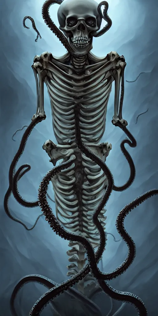 Image similar to a human skeleton slowly transforming into a tentacle monster, matte oil painting, concept art, dnd, clear, crisp, sharp, bones, eldritch, award - winning, extremely detailed, 4 k, 8 k