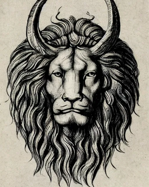 Image similar to four faces in one creature, human face, eagle beak, lion mane, two large horns on the head, drawn by da vinci. symmetrical