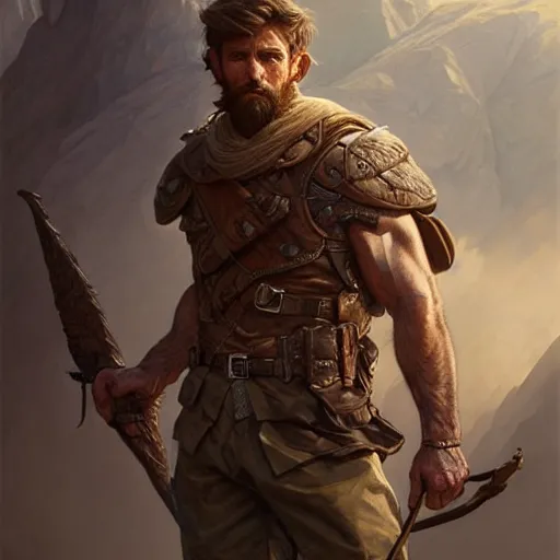 Prompt: portrait of rugged male ranger, d & d, muscular, fantasy, intricate, elegant, highly detailed, digital painting, artstation, concept art, smooth, sharp focus, illustration, art by artgerm and greg rutkowski and alphonse mucha