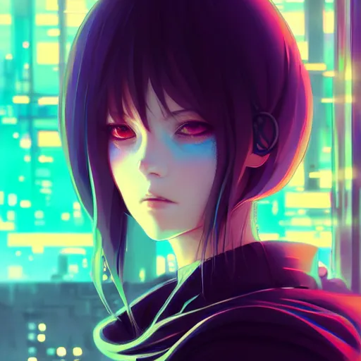 Image similar to by kyoto animation, cool girl wearing cyberpunk intricate streetwear, beautiful, detailed symmetrical close up portrait, intricate complexity, in the style of artgerm and ilya kuvshinov, cell shaded, 4 k, concept art, by wlop, krenz cushart, greg rutkowski, pixiv. cinematic dramatic atmosphere, cinematic lighting, studio quality