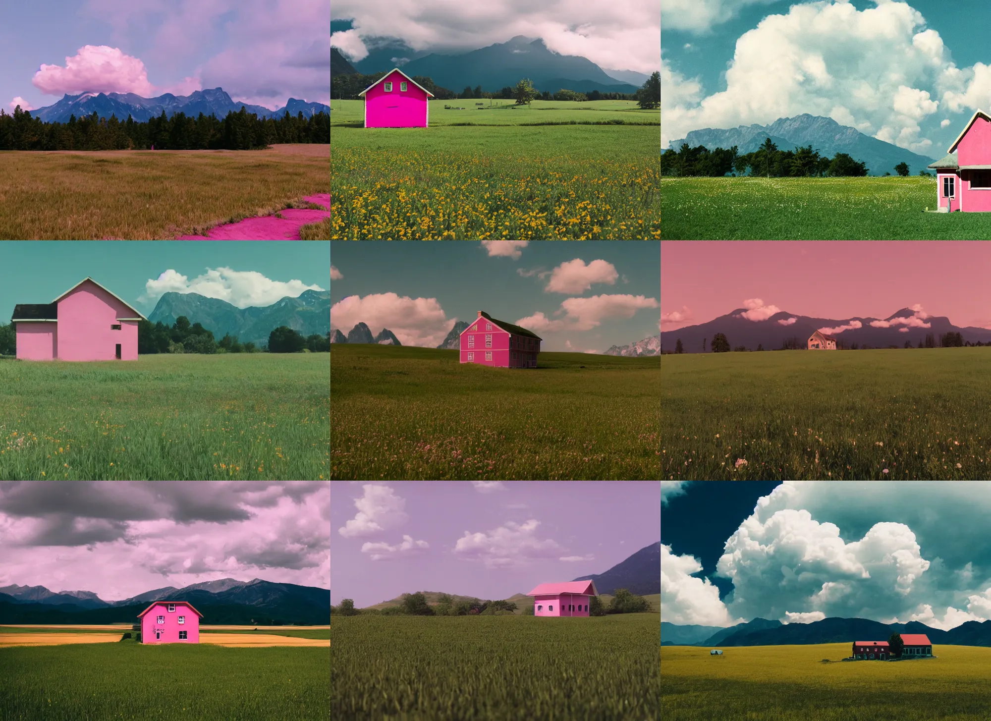 Prompt: still frame from a wes anderson movie of a meadow with a small pink farm house and mountains, massive clouds, 1 6 mm f 1. 4 lens, nikkor, canon, sigma, award - winning landscape photography