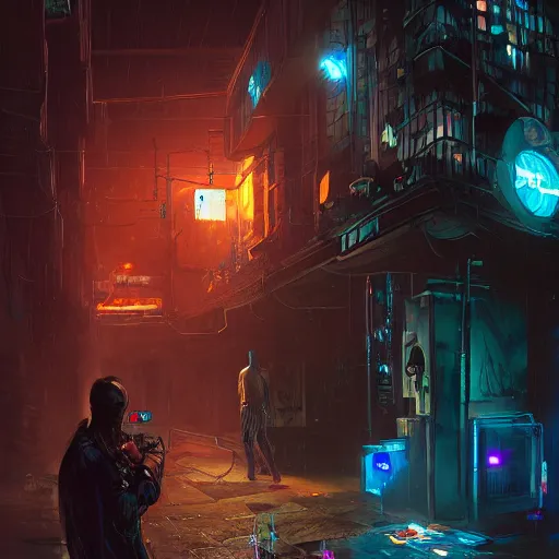 Image similar to two people haggling, detailed digital illustration by greg rutkowski, cyberpunk back alley, nighttime, colorful lighting, android netrunner