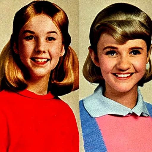 Image similar to a yearbook photo of Betty Cooper in 1966, she has a ponytail and bangs