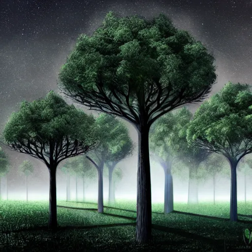 Image similar to trees growing under lunar gravity, concept art