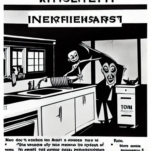 Image similar to nosferatu is cooking in a kitchen, american advertising 1 9 6 0's, photography