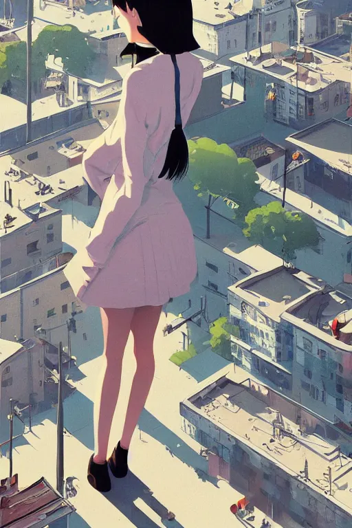 Image similar to a cute giantess wearing school uniform standing in the city which seem small, bird's eye view, strong brush stroke, sharp focus, illustration, morandi color scheme, art station, by ilya kuvshinov