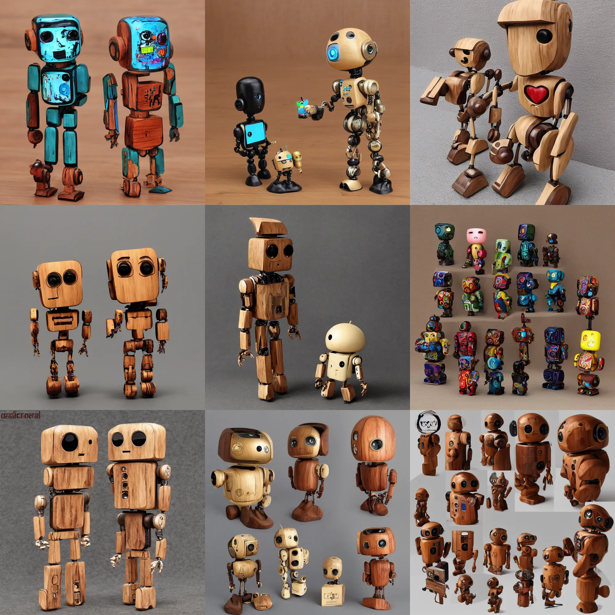 Prompt: beautiful realistic character a wooden sculpture art toys collection very cute figurine android robot cyberpunk style popart a