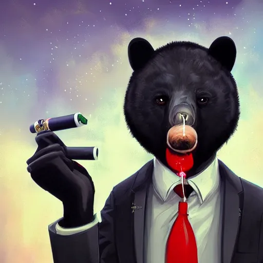 Image similar to a black bear wearing a suit and tie with a cigarette in his mouth, cyberpunk art by Cyril Rolando, featured on deviantart, furry art, furaffinity, smokey background, digital painting