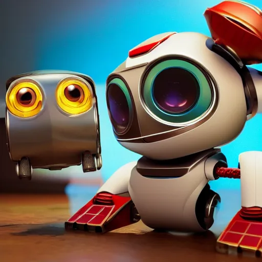 Image similar to two small chubby bots, colourful, smooth panelling, intricate detail, pushing a battery, style of cute pokemon, with damaged rusty arms, antenna, jerboas, floating, white studio, oil, mechanical, cute toy, wall - e, ambient light, in the style of pixar animation, pokedstudios, hyperdetailed, blender, octane render, 8 k,