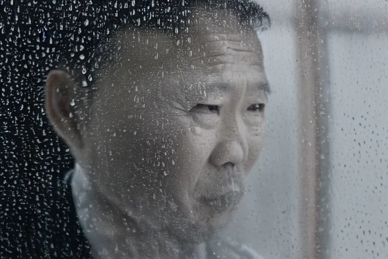 Image similar to a cinematic headshot portrait of a middle aged asian man, through a steamed up window, movie still, ocean background, waves, rain, dramatic lighting, back light, hair light, rim light, 4 k, ultra realistic