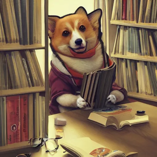 Prompt: corgi wearing glasses reading a book in a library, adorable, cute, hyperrealistic, very lifelike, extremely detailed, beautiful digital illustration by artgerm, moebius, greg rutkowski, ruan jia, simon stalenhag, makoto shinkai, rossdraws, alphonse mucha, trending on artstation, pixiv, 8 k