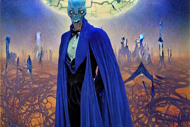 Image similar to realistic extremely detailed portrait painting of an elegantly creepy vampire man in a cape, futuristic sci-fi city on background by Jean Delville, Amano, Yves Tanguy, Alphonse Mucha, Ernst Haeckel, Edward Robert Hughes, Roger Dean, rich moody colours, blue eyes