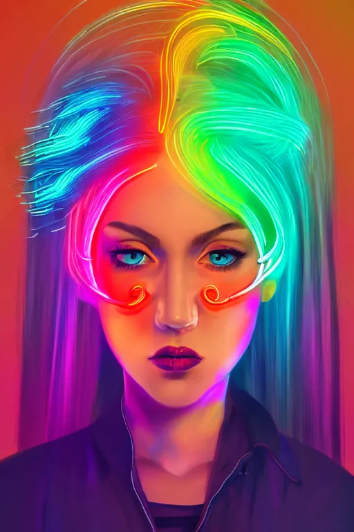 Image similar to a award winning half body portrait of a beautiful woman with stunning eyes in a croptop and cargo pants with rainbow colored ombre hairstyle head in motion and hair flying by thomas danthony, outlined by whirling illuminated neon lines, outrun, vaporware, shaded flat illustration, digital art, trending on artstation, highly detailed, fine detail, intricate