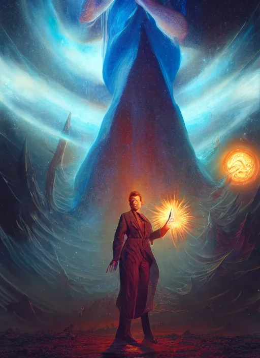 Image similar to out in the dark, among the stars, the god is dead by barclay shaw, andreas rochas, james jean, craig mullins and joe jusko, 8 k, intricate details, illustration, dynamic lighting, unreal engine, featured on artstation, soft glow.