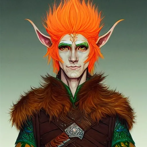 Image similar to portrait painting of an elven eladrin young man with light orange hair and tribal tattoos in his cheekbones wearing fur armor, d & d, rpg, sharp focus, award - winning, trending on artstation, masterpiece, highly detailed, intricate. art by josan gonzales and moebius and deathburger