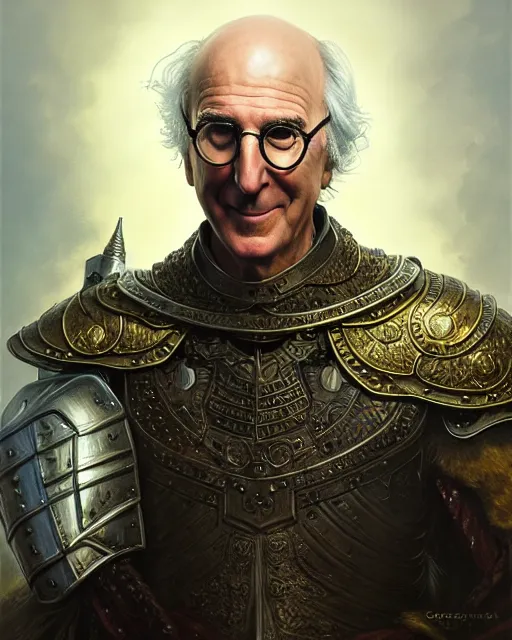 Image similar to larry david in armor, character portrait, portrait, close up, concept art, intricate details, highly detailed by greg rutkowski, michael whelan and gustave dore