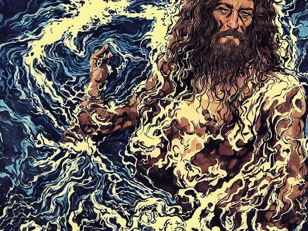 Image similar to jesus christ as a superhero with wavey hair and white eyes floating above the water shooting lightning out of his hands, drawn by alan moore, graphic novel,