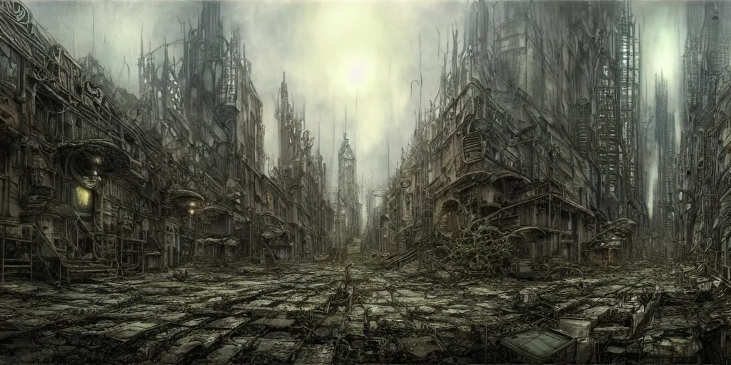 Prompt: masterpiece drawing of a post - apocalyptic overgrown city, by alan lee, concept art, insanely detailed, cinematic lighting, sharp focus, illustration, artstation