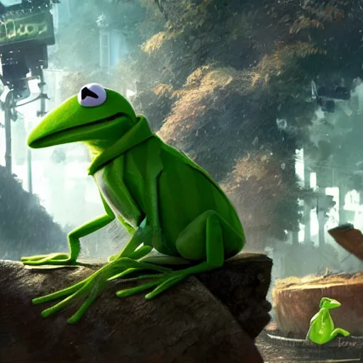 Image similar to a still of kermit the frog in avengers movie, cory loftis, fenghua zhong, ryohei hase, ismail inceoglu and ruan jia. volumetric light, detailed, octane render